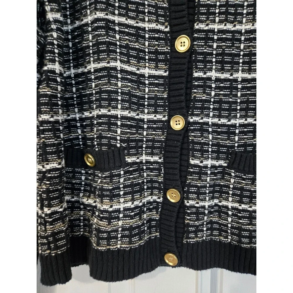 J.Crew Emilie Cardigan Sweater Black White Tweed Old Money Gold Button L